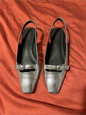 Franco Sarto Silver Snakeskin Slingback flats with buckle